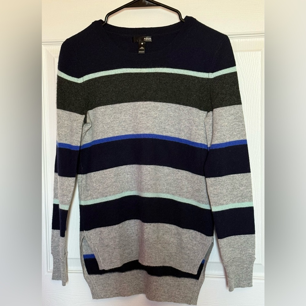 Aqua Women’s Navy, Gray & Blue Striped Crewneck Cashmere Sweater